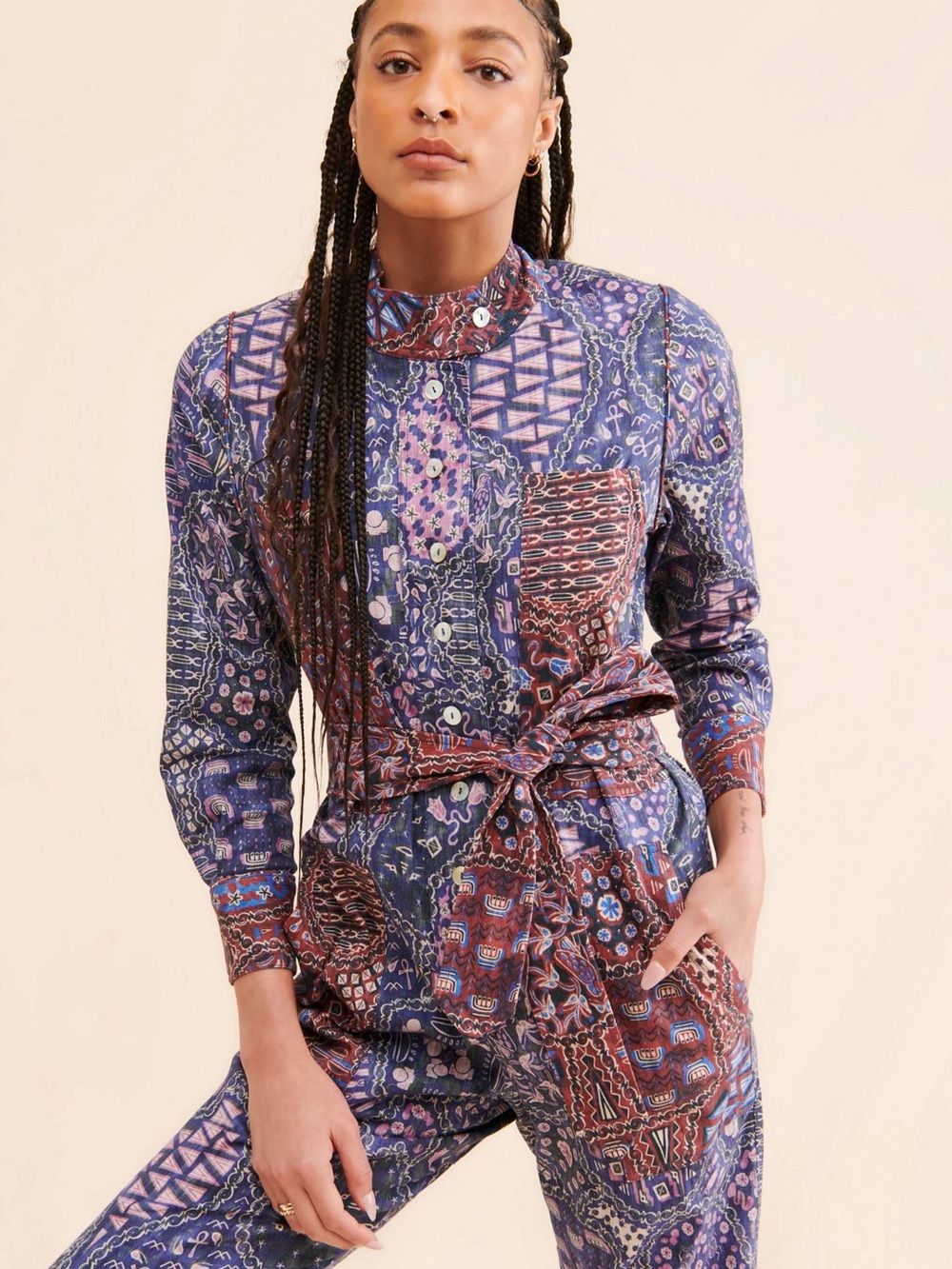 Chufy Gregory Patchwork Utility Jumpsuit Belted Boho Print Size M - Picture 2 of 6